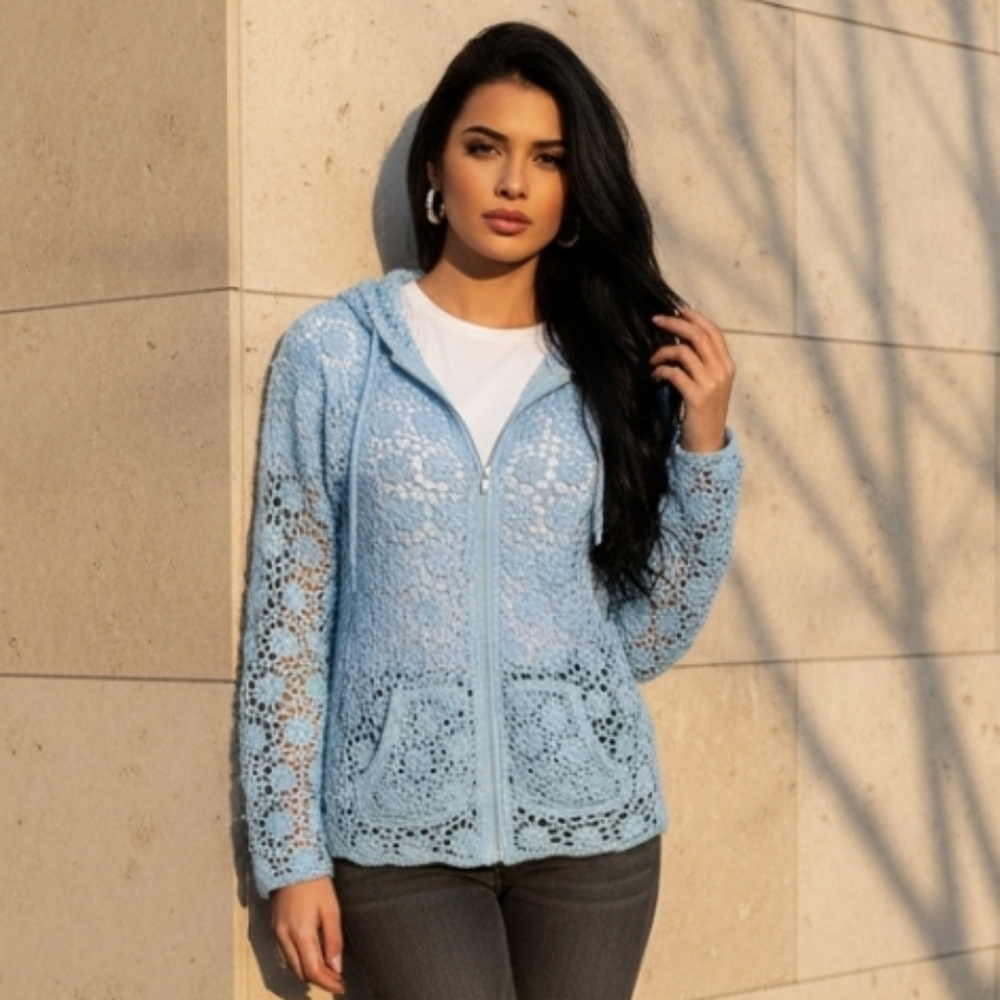 Vintage Light Blue Crochet Zip Hoodie       Front Pockets Openwork Knit Layering